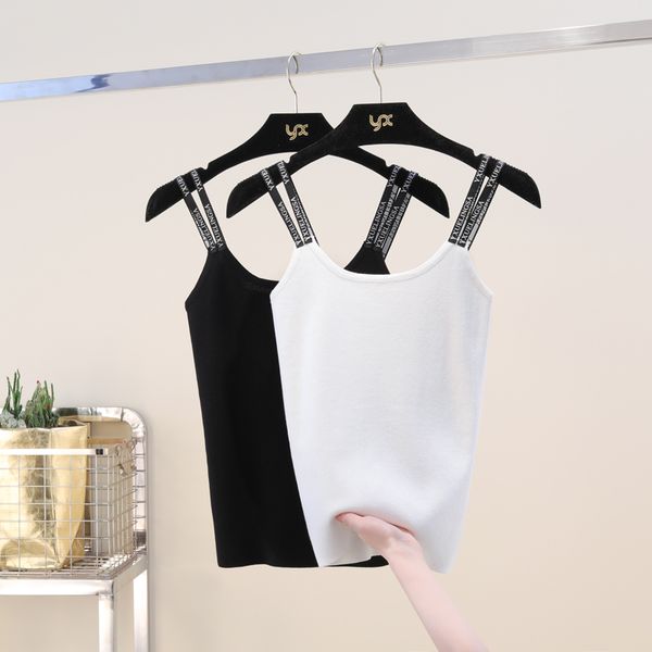 

spring summer 2019 new shoulder strap knitted camis t shirt stretch slim outerwear short knit letter belt camisole female, White