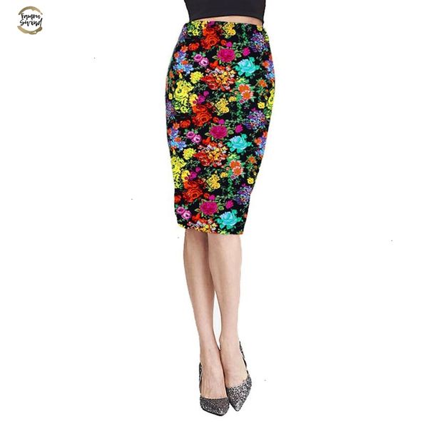 

dresssif spring summer vintage fashion printed pencil skirt midi women knee-length elastic high waist ladies pattern skirts, Black