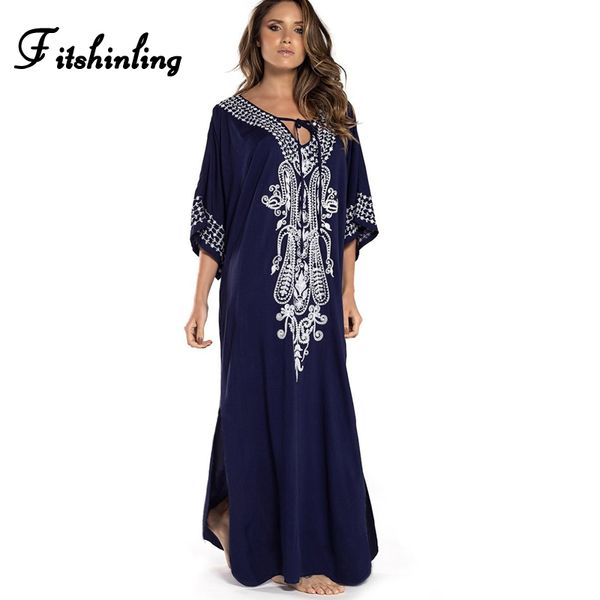 

fitshinling 2020 summer beach long dress embroidery vintage big size tunic loose side slit straight maxi dresses women pareos, Black;gray