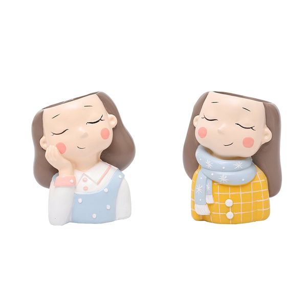 

2pcs cute girl resin succulent planters small cactus pot christmas gifts
