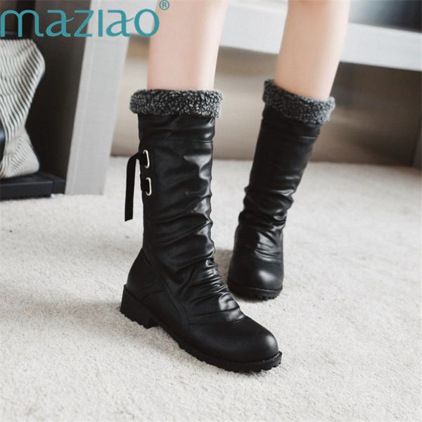 

winter boots artificial plush cross-strap bowknot decorate low heel vintage fur winter boots women warm snow shoes maziao, Black