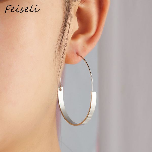 

feiseli classic punk silver gold color hollow metal hoop earring for women geometric big circle nightclub earring jewelry gift, Golden;silver