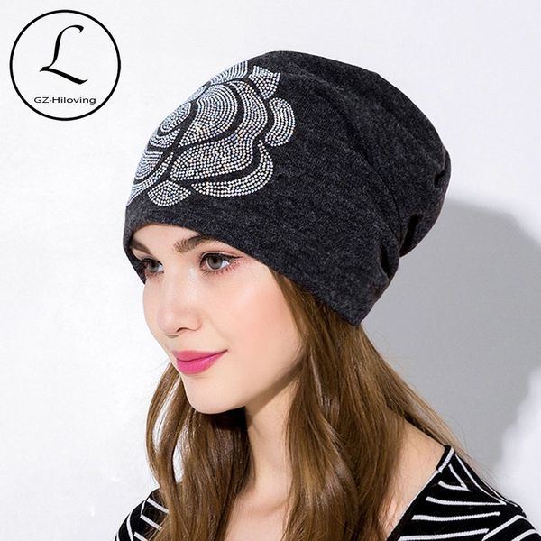 

gzhilovingl new arrival 2018 winter hats cap skullies beanies for women casual cotton flower rhinestone beanie hats touca gorro, Blue;gray