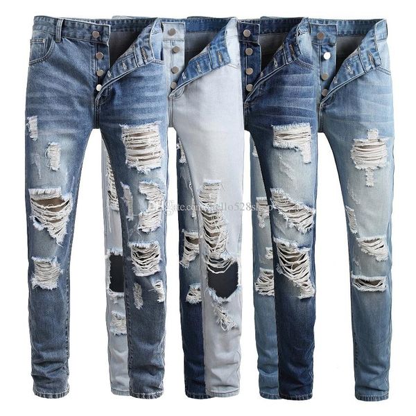 

hello528shop men's vintage washed blue designer hole ripped biker jeans straight trousers fashion hip hop denim pants
