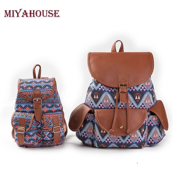 

miyahosue vintage canvas fashion women backpack handmade female travel small rucksack student retro printed school bag