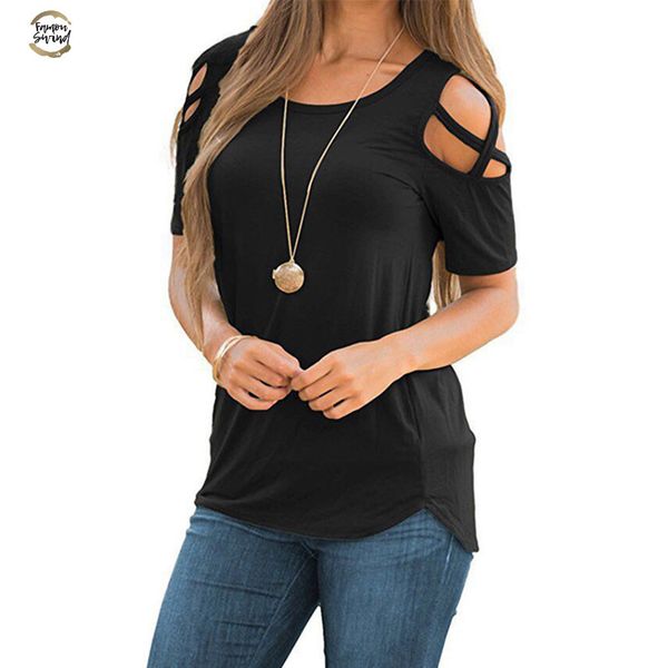 

women summer short sleeve strappy cold shoulder t shirt t shirt women short o neck tees feminina camiseta, White