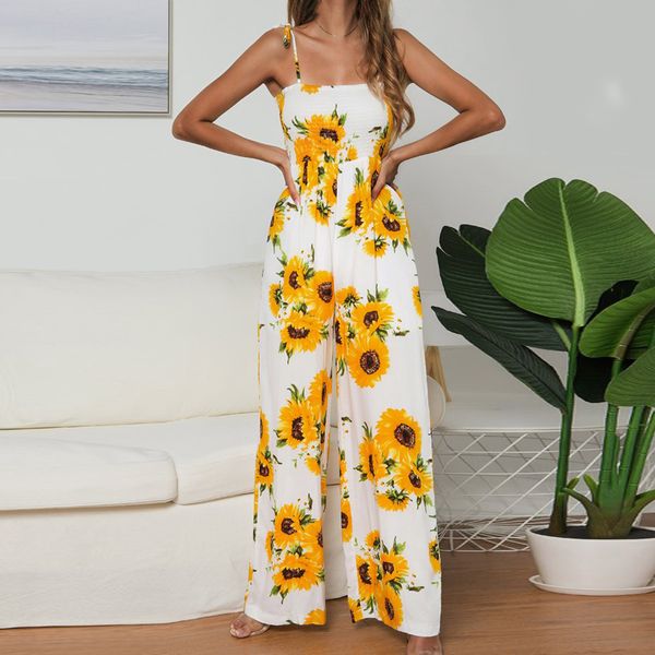

summer fashion women's casual sling sunflower print wide leg jumpsuit, Black;white