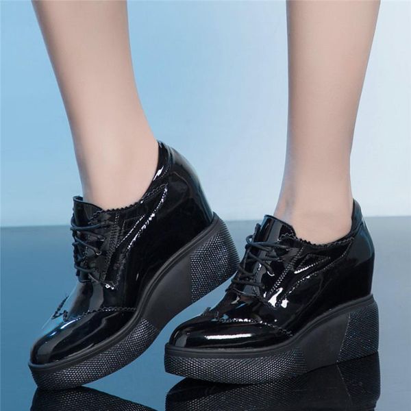

punk sneakers women cow leather platform wedges high heel ankle boots female lace up pointed toe pumps shoes casual travel shoes, Black