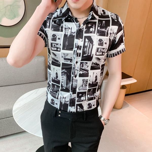 

новый ретро печати мужская рубашка с коротким рукавом slim fit повседневная вечернее платье рубашки мода уличная социальная рубашки camisa, White;black