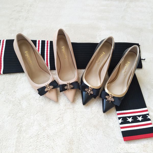 

2019 new high heel shoes women pumps stiletto thin heel pointed toe bowtie bee matal decoration zapatos shallow dress 7.5cm, Black