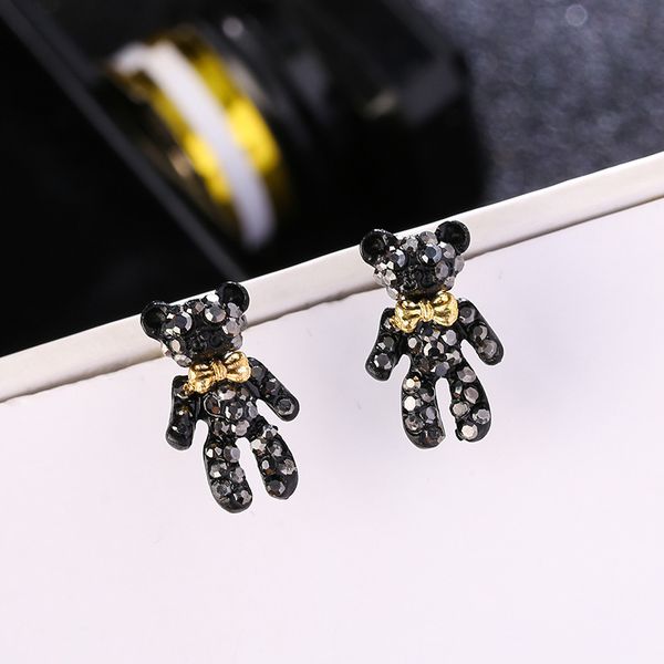 

personality black cartoon bear full diamond cute heart earrings fashion temperament silver earrings wild trendy earrings women, Golden