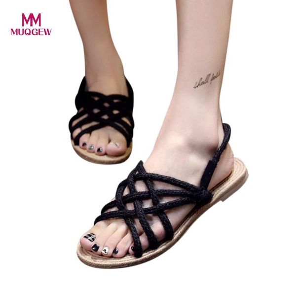 

women beach sandals spring summer shoes fashion weave cross tied flat heel rome shoes sandals new female soft, Black