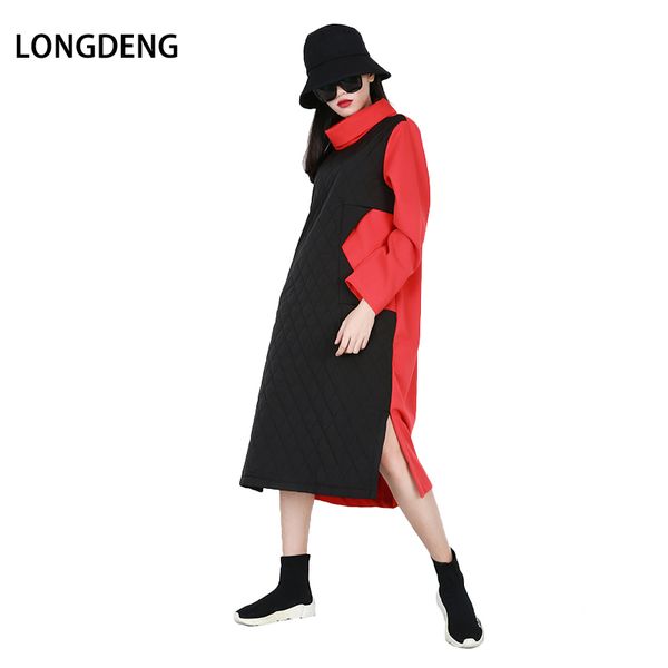 

longdeng 2019 fashion new spring winter women hoodies dress long sleeved turtleneck long pullovers large size sweatshirt, Black