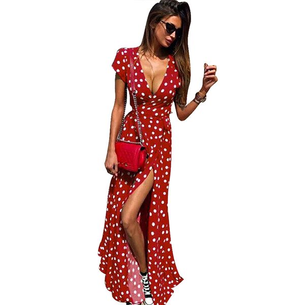 

new summer women long dress polka dot print short sleeve v-neck high split dresses woman party night casual beach maxi dress, Black;gray