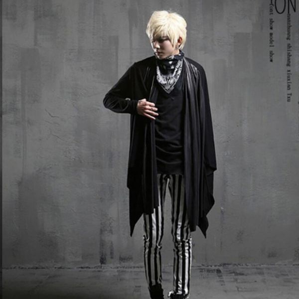 

primavera outono homens de retalhos de couro do punk rock gÃ³tico trincheira casaco longo manto cardigan discoteca dj palco canto, Tan;black