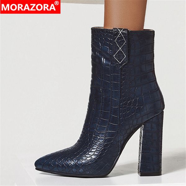 

morazora plus size 34-43 new ankle boots thick high heeled pointed toe autumn winter boots western women, Black