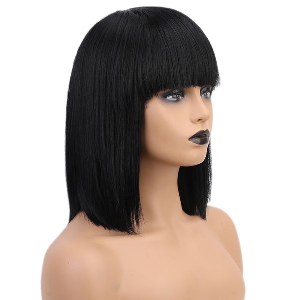 

blunt bob short human hair wigs with flat bangs for women - heat resistant, Black