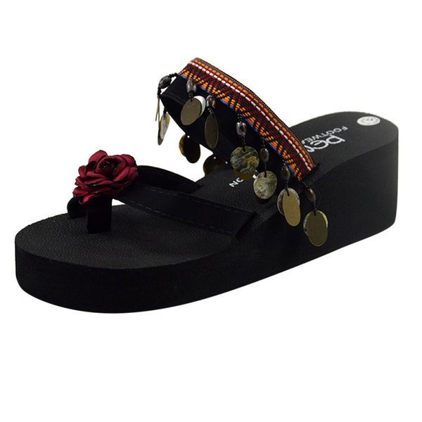 

jaycosin slippers flowers flip flops women bohemia wedge slippers home bathroom beach flip flops slippers designer shoes, Black