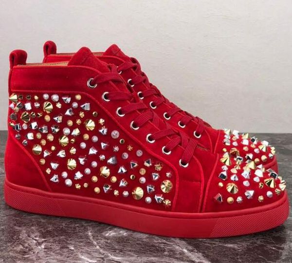 

exquisite mix spikes studs suede pointed men women high red bottom sneaker walking party dress trainers wedding original box,eu35-46, Black