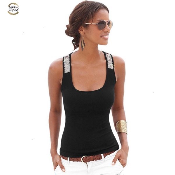 

quality good summer women vest sleeveless summer crop casual sequin stitching tank woman clothes, White
