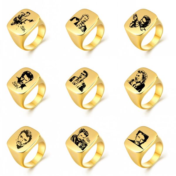 

johnny hallyday ring for men woman stainless steel rings punk rock hip hop wide males finger ring gold silver color jewelry gift, Golden;silver