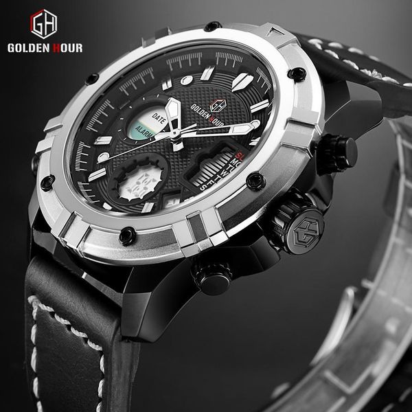 

reloj hombre goldenhour sport leather men watch automatic casual mens watches military waterproof male clock relogio masculino, Slivery;brown