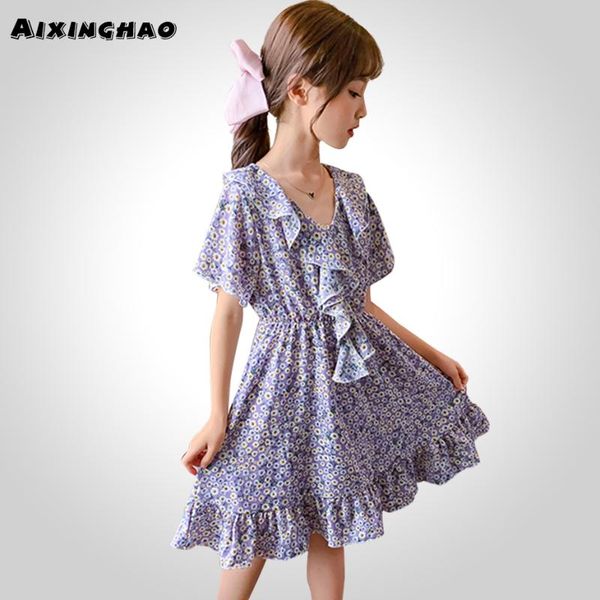 

kids dresses for girls floral pattern kids summer dresses for girls ruffles children party dress v neck clothing, Red;yellow