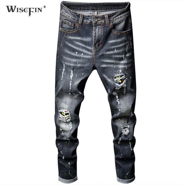

men's painted skinny jeans retro gray stretch ripped jeans hip hop streetwear fashion biker denim pants homme d30, Blue