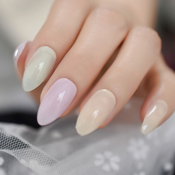 

multi-color false nails fade shiny surface acrylic nails almond shape medium press on manicure tips with gluetabs 24 pcs, Red;gold