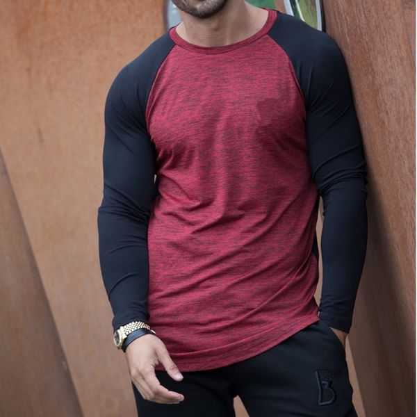 

2019 fashion trend men's crew neck long sleeve casual simple t-shirt color patchwork slim fit basic autumn pre-fall tee, White;black