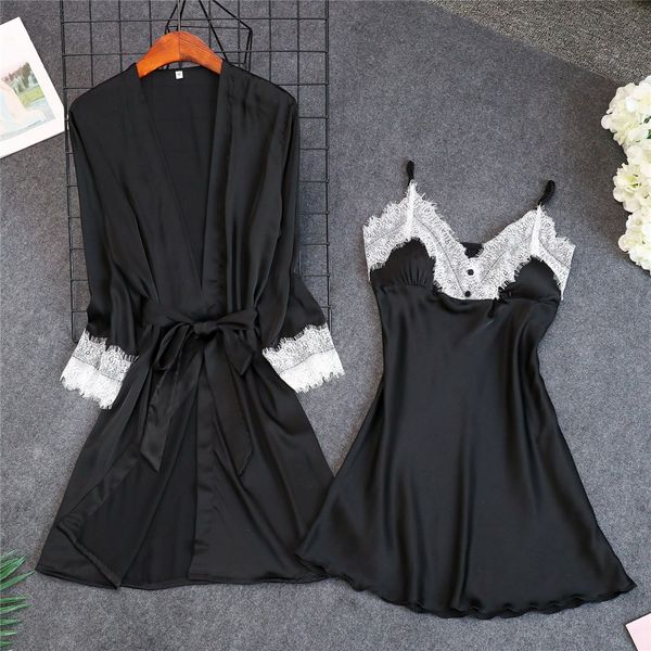 

summer style women's robe & gown set 2019 size  l xl bathrobe + nightdress two pieces satin sleepwear hot, Black;red