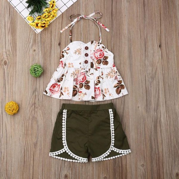 

sweet toddler baby girls summer cotton sleeveless floral +solid lace shorts outfits set girls clothes kids clothes w10, White