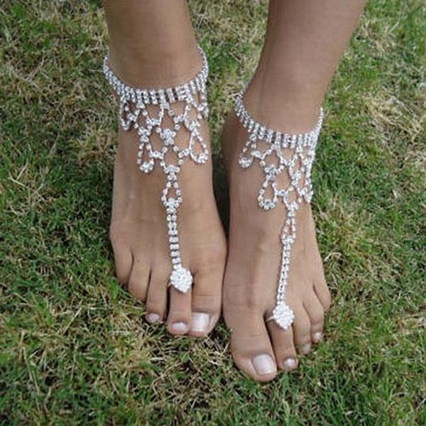 

2019 fashion simple wholesale bridal crystal beach barefoot sandals foot toe ring ankle bracelet party gifts, Red;blue