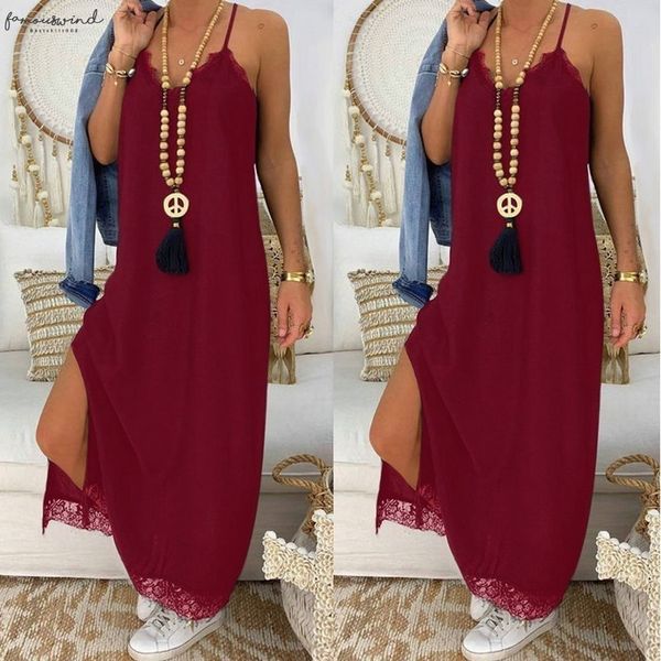 

new lace patchwork black strap maxi dress casual loose v neck sleeveless sode split womens summer beach dresses long dress robe, Black;gray