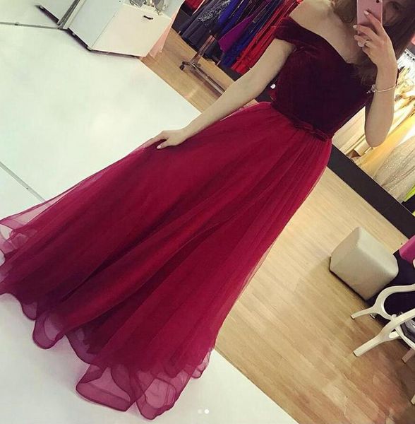 Burgundy fora do ombro Prom Dress Velvet Organza Andar de comprimento Bow Belt festa de noite formal Vestidos robe de soiree