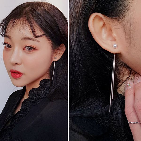 

pendientes flecos 2019 korean elegant women long earring cz pearl charm pendent snake chain tassel earrings simple pearl ear for, Silver