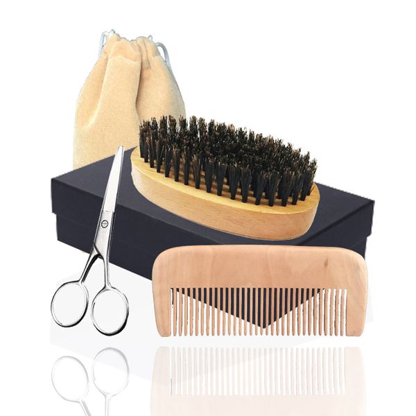 

new 5in1 boar bristle palm beard brush, peach wood comb & mustache scissor box bearded man facial makeup hair care styling grooming trimming