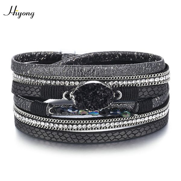 

hiyong black rhinestone wrap bracelets boho wide wrap bracelet for girls braided multilayer leather bracelet bohemian jewelry, Golden;silver