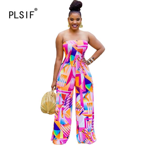 

new design 2020 fashion geometric spliced lady jumpsuits summer strapless rompers high street loose chic jumpsuits, Black;white