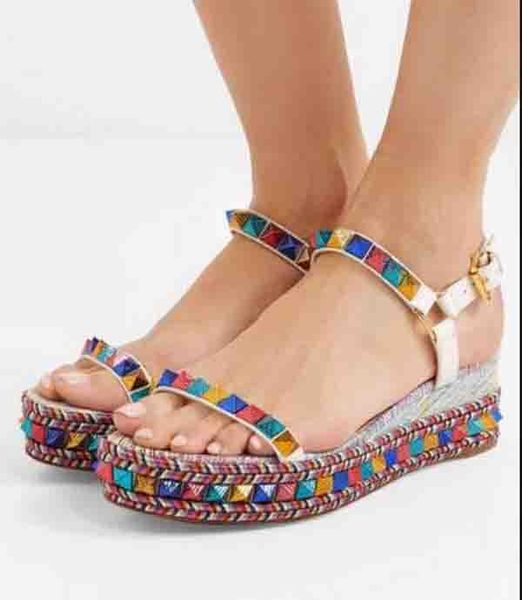 

comfortable summer ss18 red bottom pyraclou lady high heels women wedge ankle strap stud & pearls sandals party dress wedding eu35-42, Black