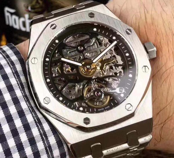 

men watch royal oak series silver case hollow dial automatic mechanical steel strap watches watch for men, Slivery;brown