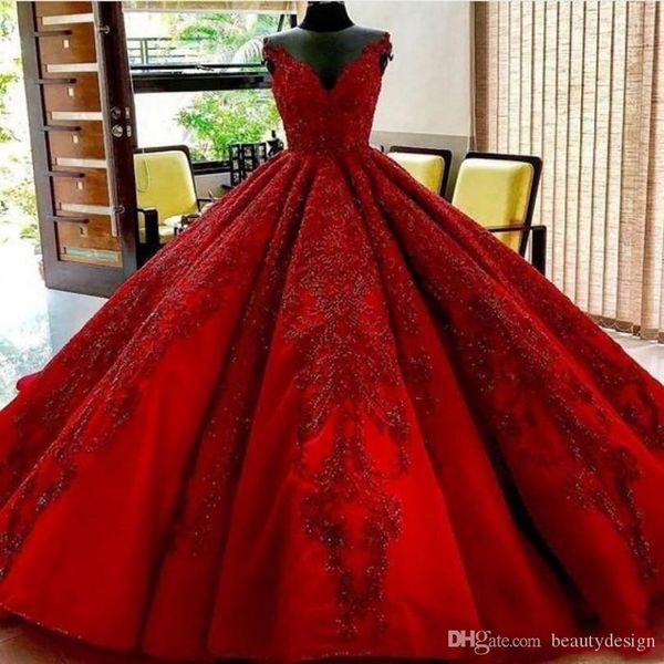 Dubai Arabisch Luxuriöse Dunkelrote Ballkleid Kleider Spitze Applique Schatz Perlen Hochzeit Kleid Brautkleider Vestidos De Noiva 330 330