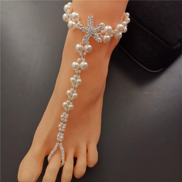 

boho crystal starfish imitation pearl chain toe ring elastic anklets bridal foot jewelry beach barefoot sandals anklet for women, Red;blue