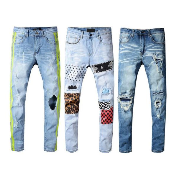 

mens distressed ripped jeans designer brand black jeans skinny ripped destroyed stretch slim fit hop hop pants js34, Blue