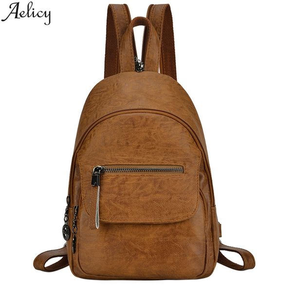 

aelicy fashion female backpack 2019 pu leather retro style female bag girl solid color quality travel bag rucksack backpack