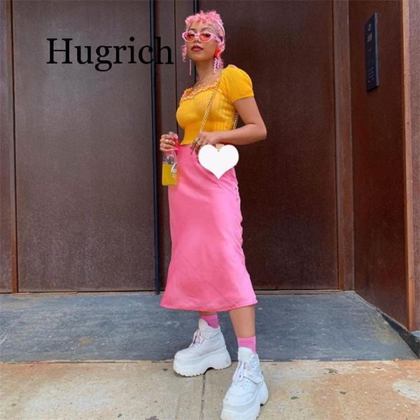 

solid long satin skirt 2020 autumn fashion slim high waist silk summer yellow black midi skirt women