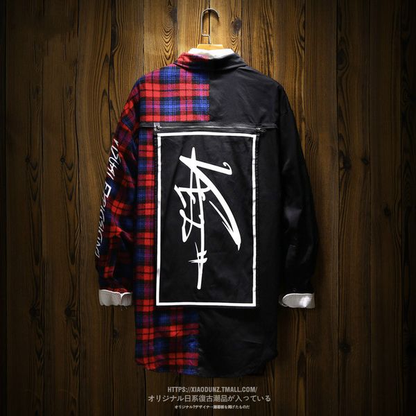 

2021 men ins hip male patchwork coat long sleeve shirt bf shirts plaid male long 50cs002 hop dropshipping japanese loose plaid jgsee, Black