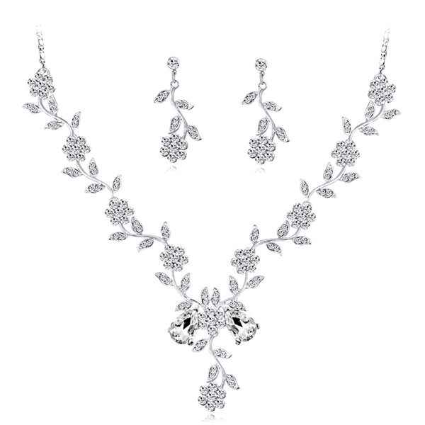 

women's crystal rhinestone necklace set two-piece fancy bridal necklace and overhang earrings jewelry set wedding, Slivery;golden