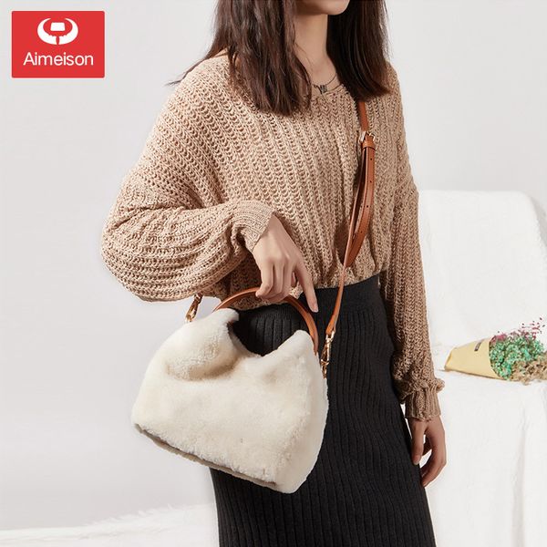 

leather women's bag new korean one shoulder slant straddle bag lamb hair handbag fashion large capacity