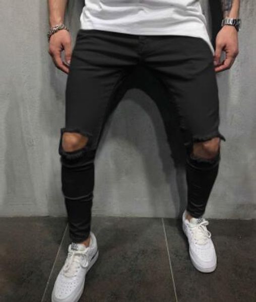 

solid pencil fashion designer fit mens trousers holes slim pants casual pantaloes wxbxp, Black